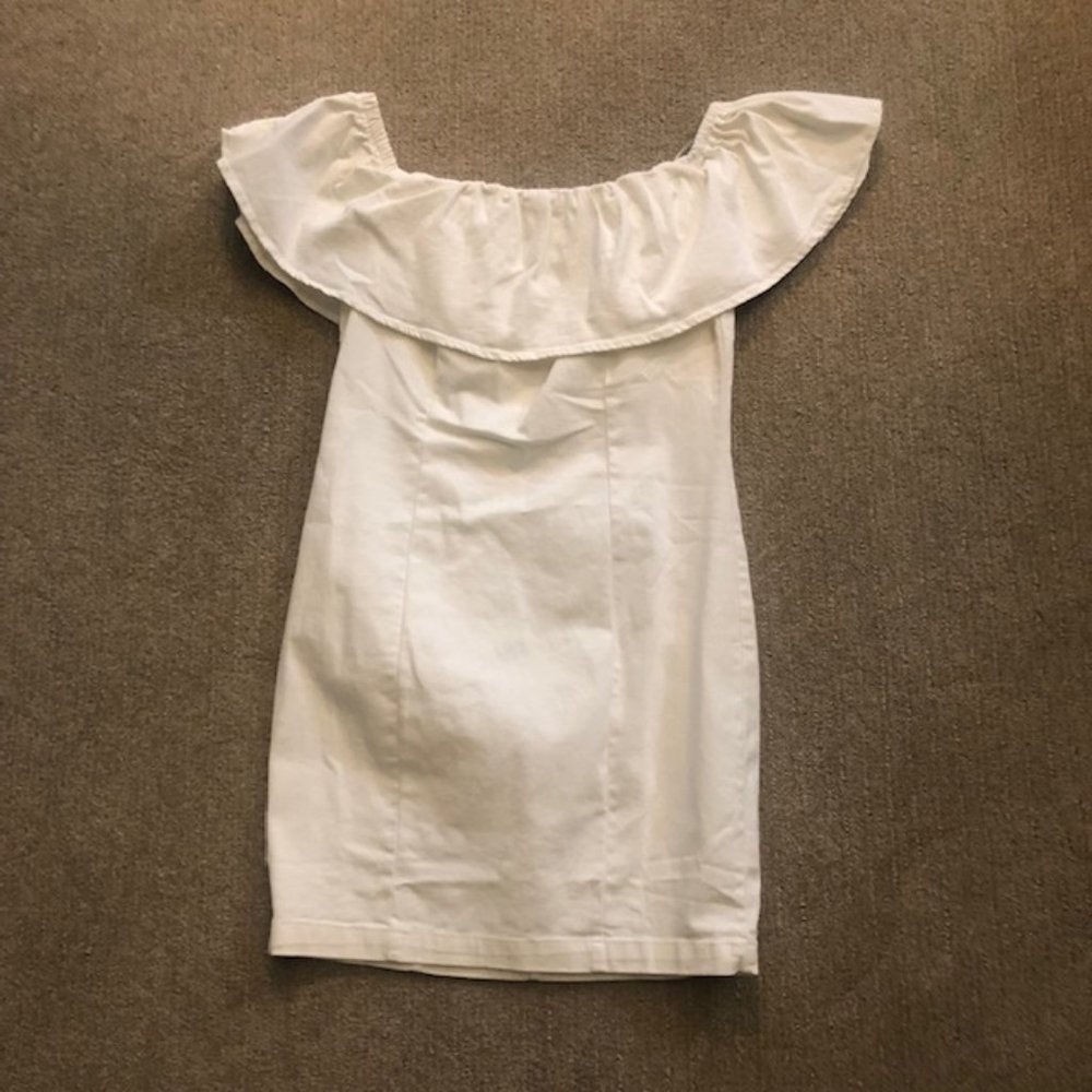cream colored, off the shoulder dress